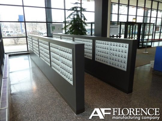 Centralised mailbox and locker installation in a building lobby
